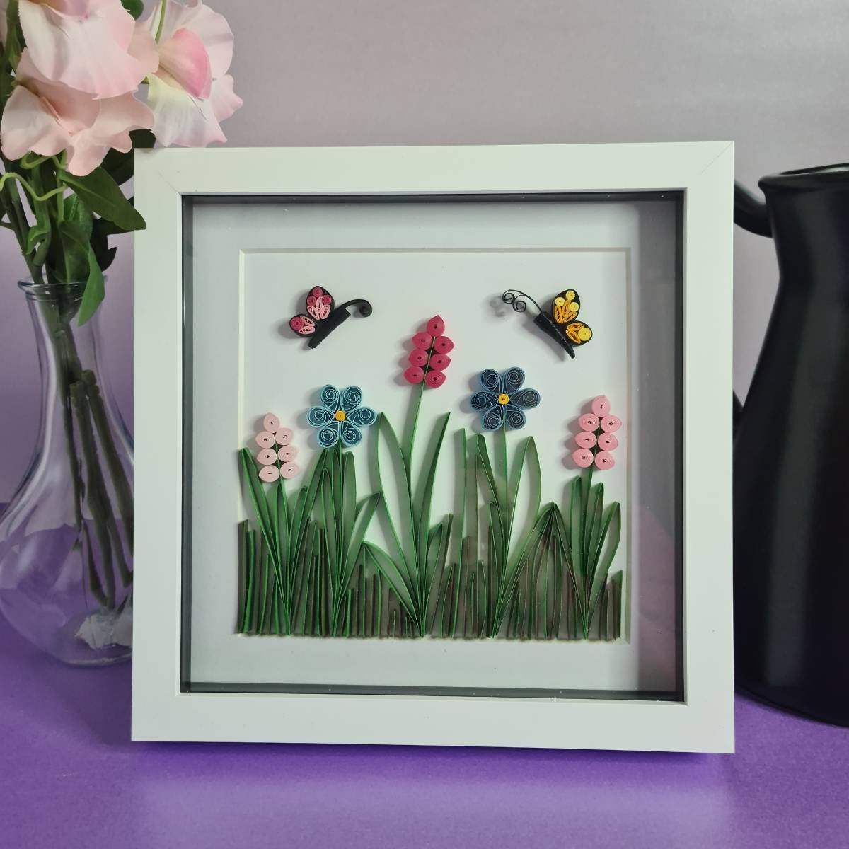 Quilled Flowers & Butterfly Picture - Pink and Blue